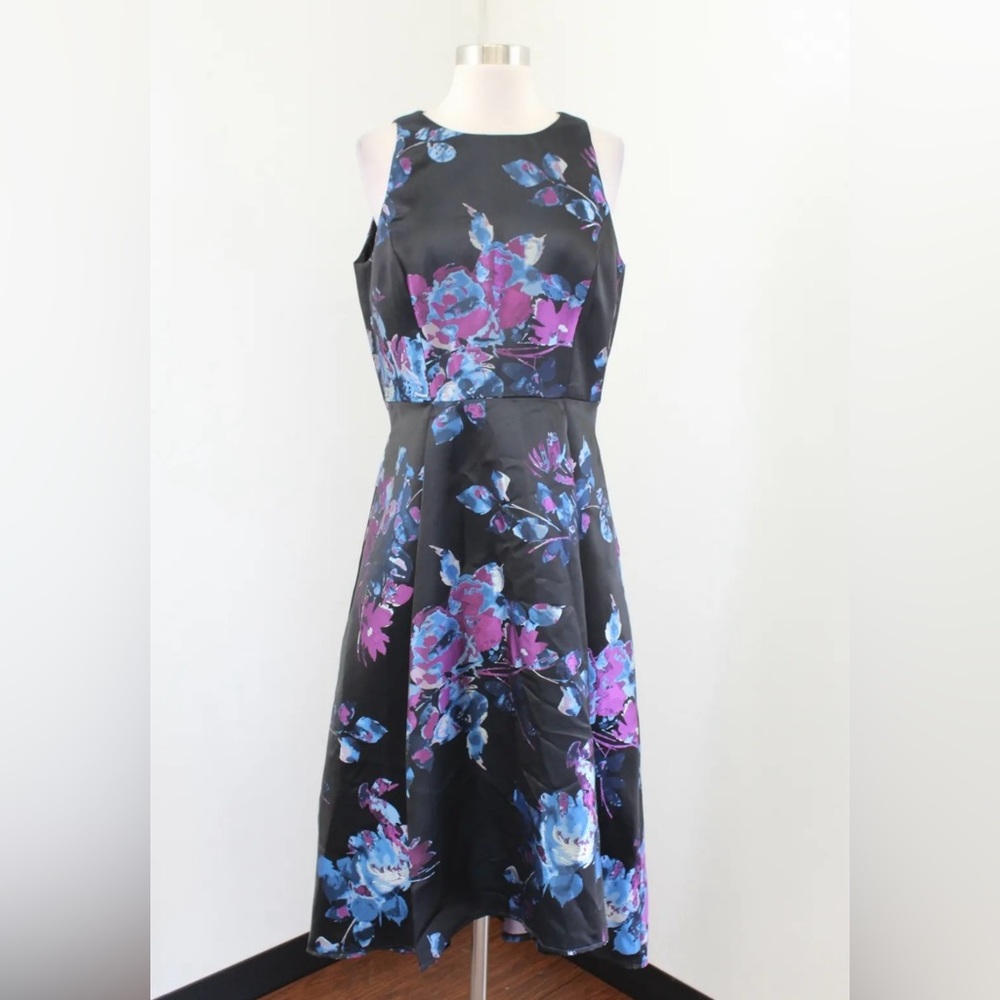 Tahari ASL Levine Black Blue Florla Hi Lo Fit and Flare Cocktail Dress Size 8